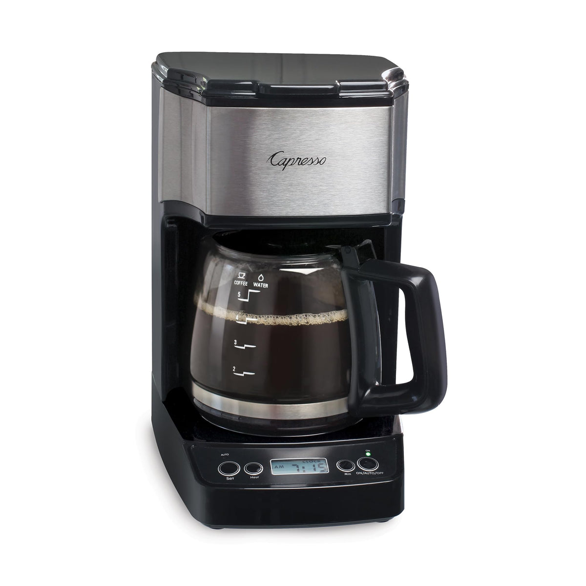 Capresso 5-Cup Mini Drip Coffee Maker in black and stainless, compact for small kitchens