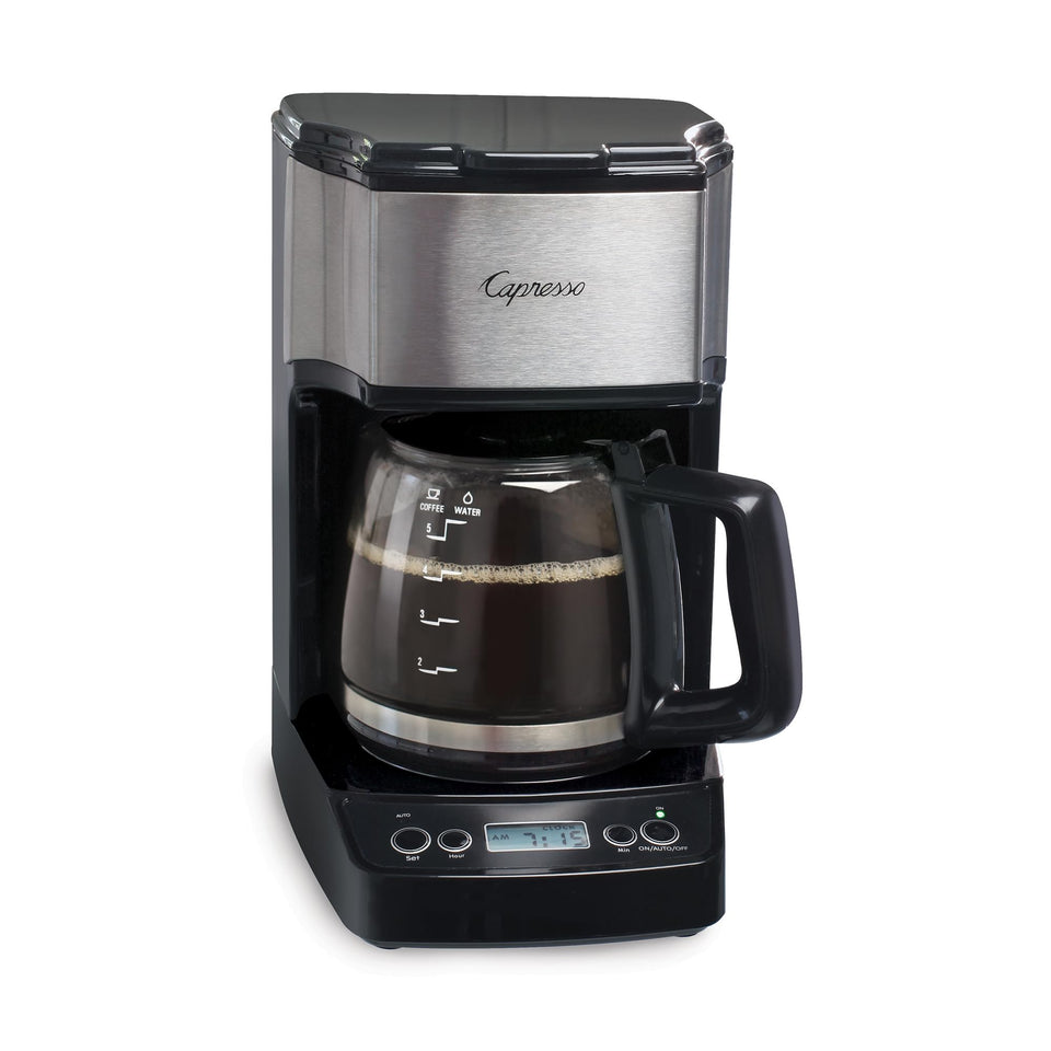 Capresso 5-Cup Mini Drip Coffee Maker in black and stainless, compact for small kitchens
