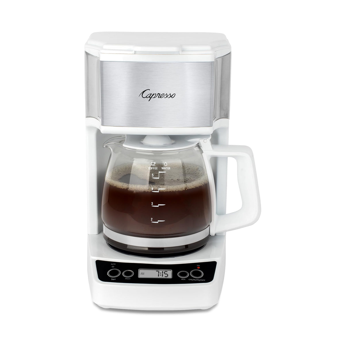 Capresso 5-Cup Mini Drip Coffee Maker in white, compact design fits small kitchens