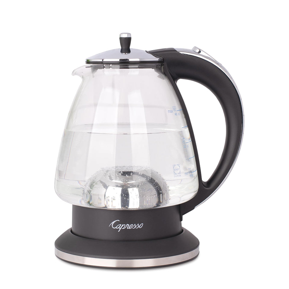 Capresso H2O glass kettle with transparent body and clear water markings for easy filling.