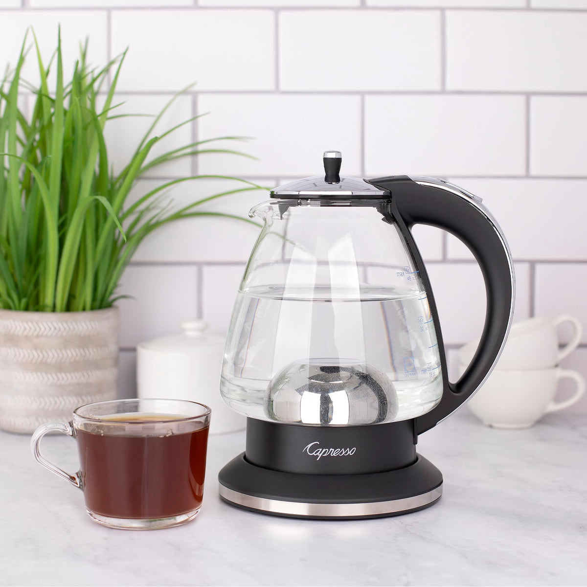 Capresso H2O glass kettle has a six-cup capacity for daily beverages.
