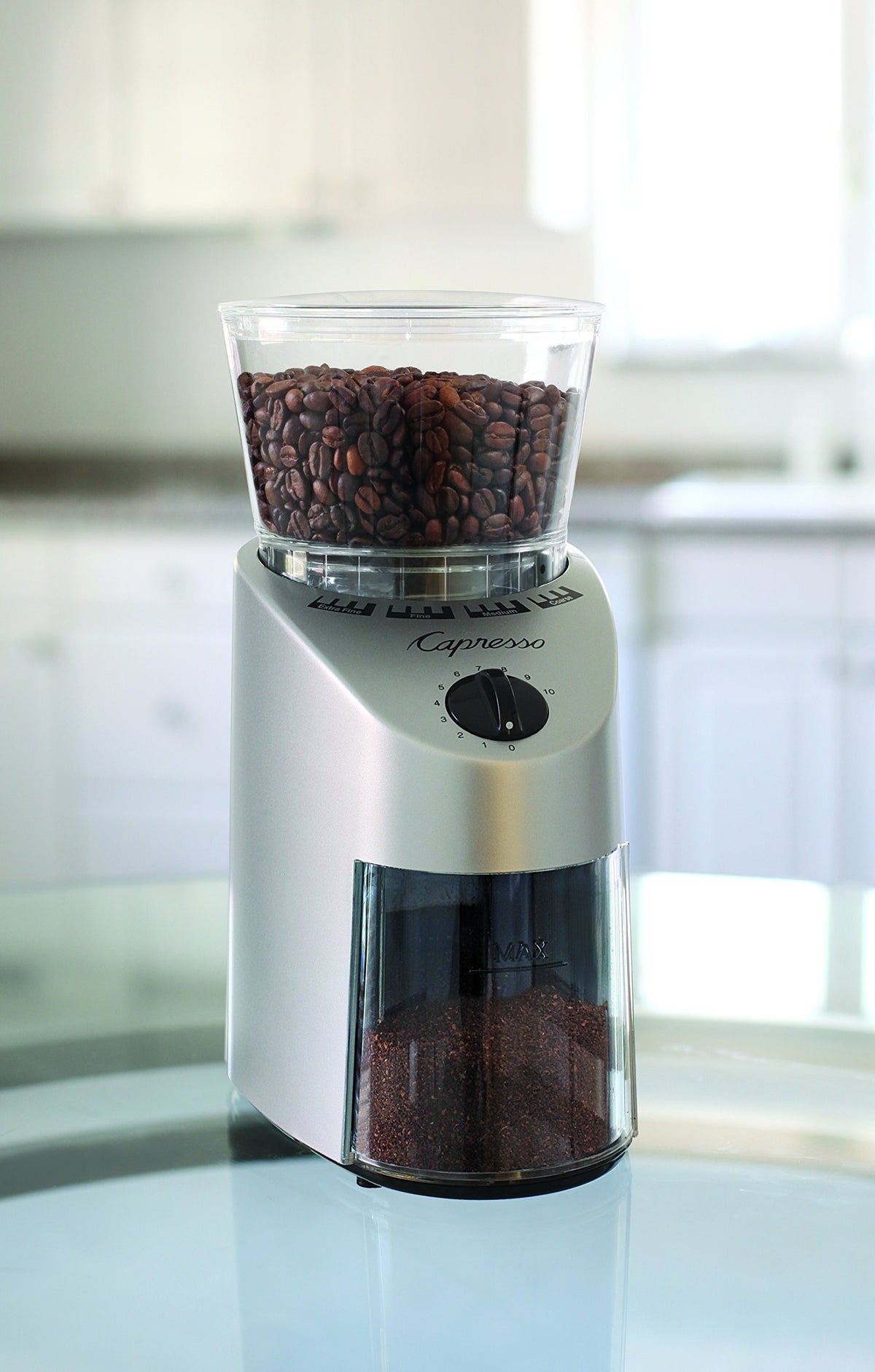Capresso Infinity bean container with lid locked for safe grinding