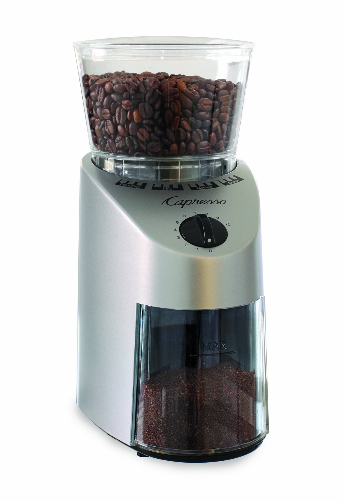Capresso Infinity dial settings image highlights 16 grind options for versatility