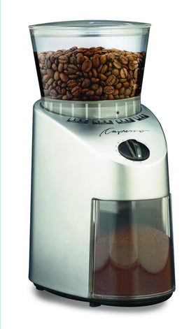 Capresso Infinity front view shows conical burr grinder delivering consistent grind