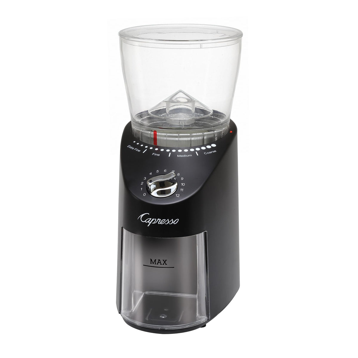 Capresso Infinity Plus bean container view highlights 11 oz capacity for fresh grinding