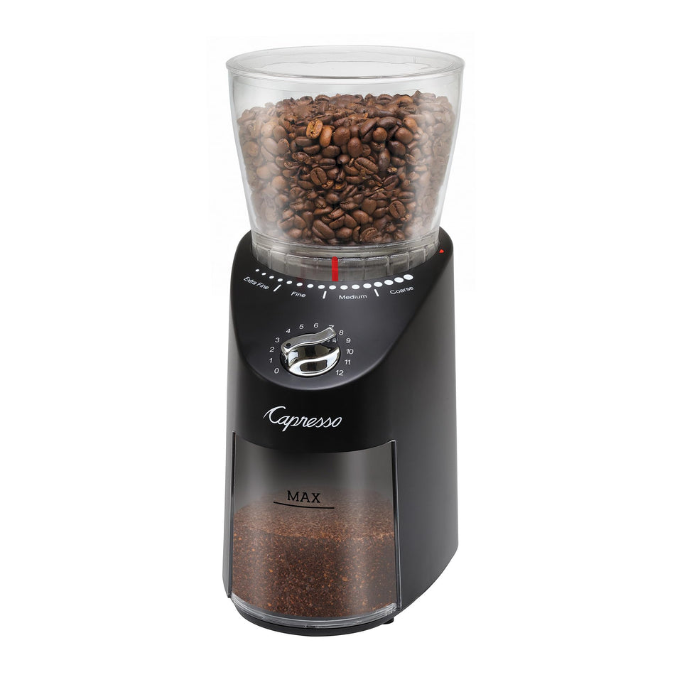 Capresso Infinity Plus conical burr grinder shows precise grind for Turkish to cold brew