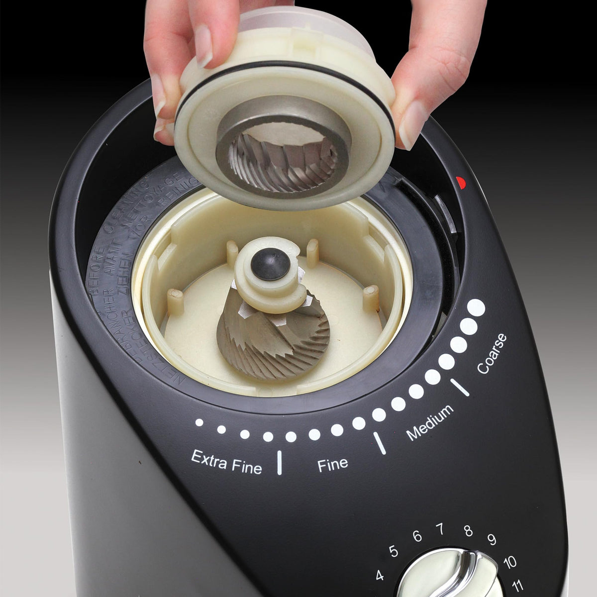Capresso Infinity Plus gear-reduction motor minimizes heat to preserve aroma