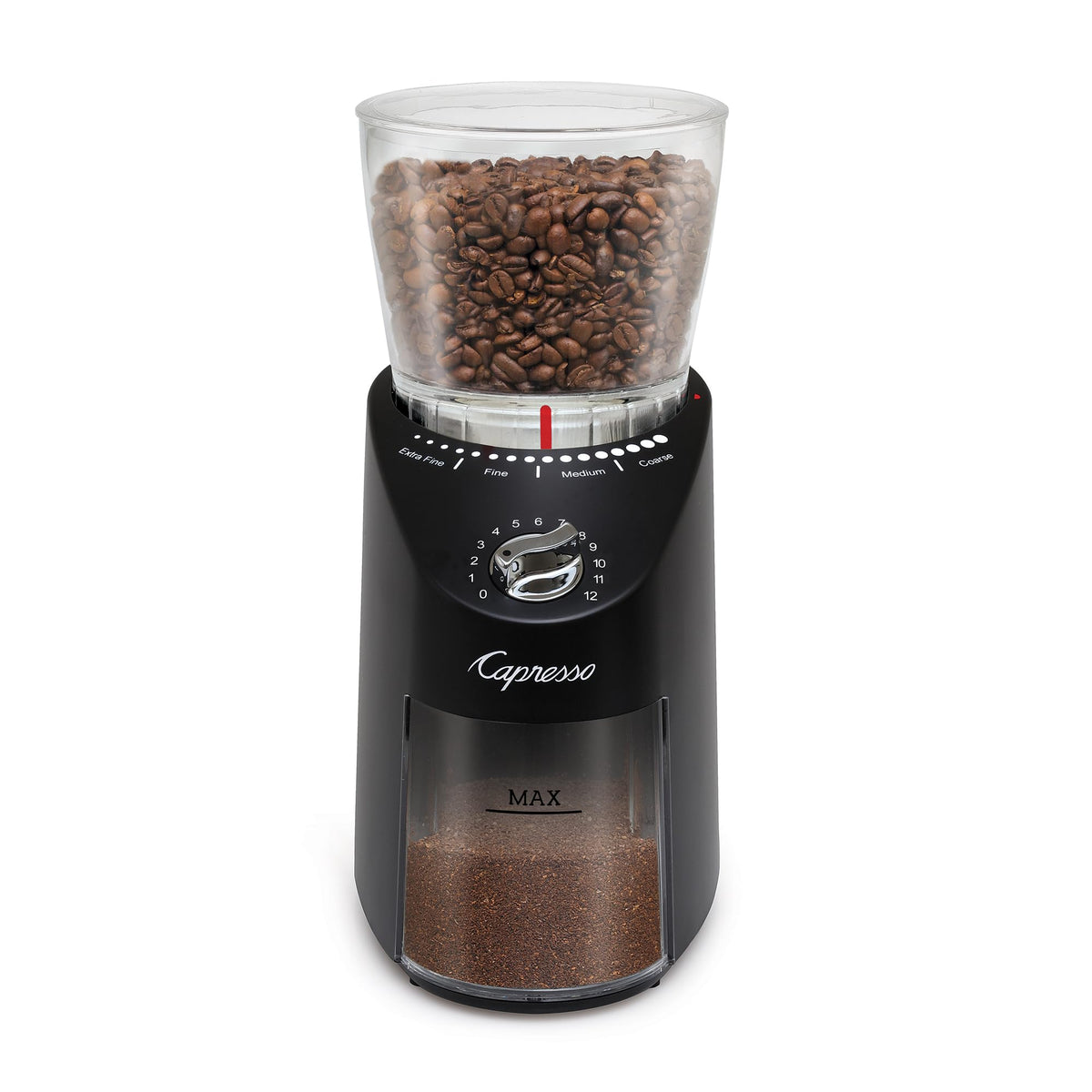 Capresso Infinity Plus grind settings dial emphasizes 16 options from extra fine to coarse