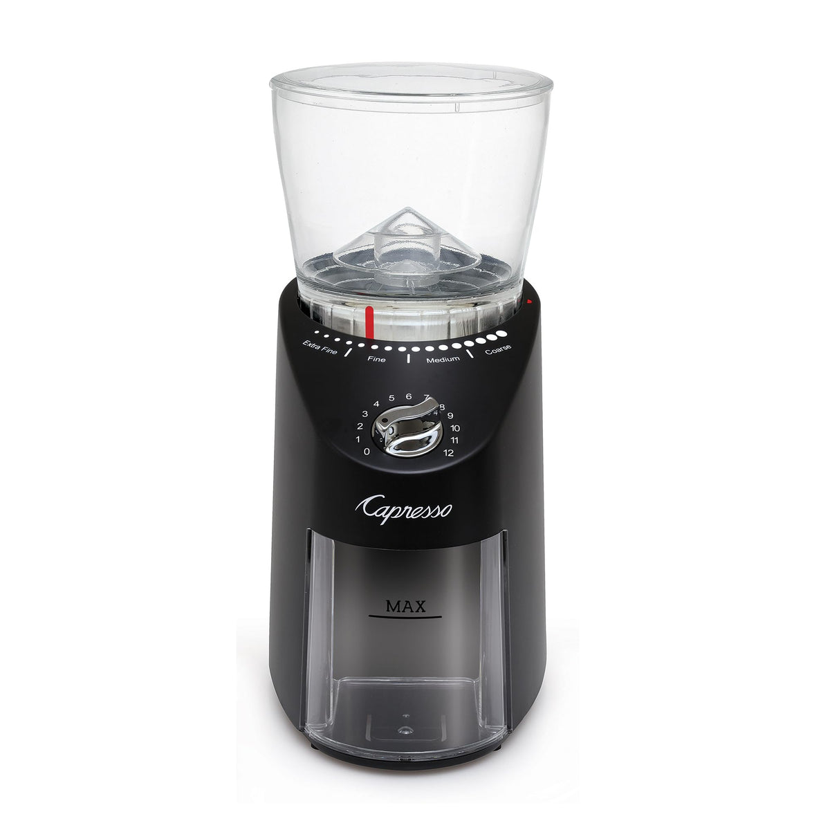 Capresso Infinity Plus see-through bean hopper demonstrates 11-oz capacity and visibility