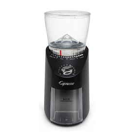 Capresso Infinity Plus see-through bean hopper demonstrates 11-oz capacity and visibility