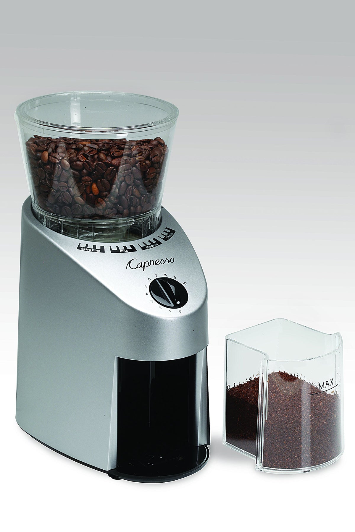 Capresso Infinity timer function image demonstrates hands-off grinding capability