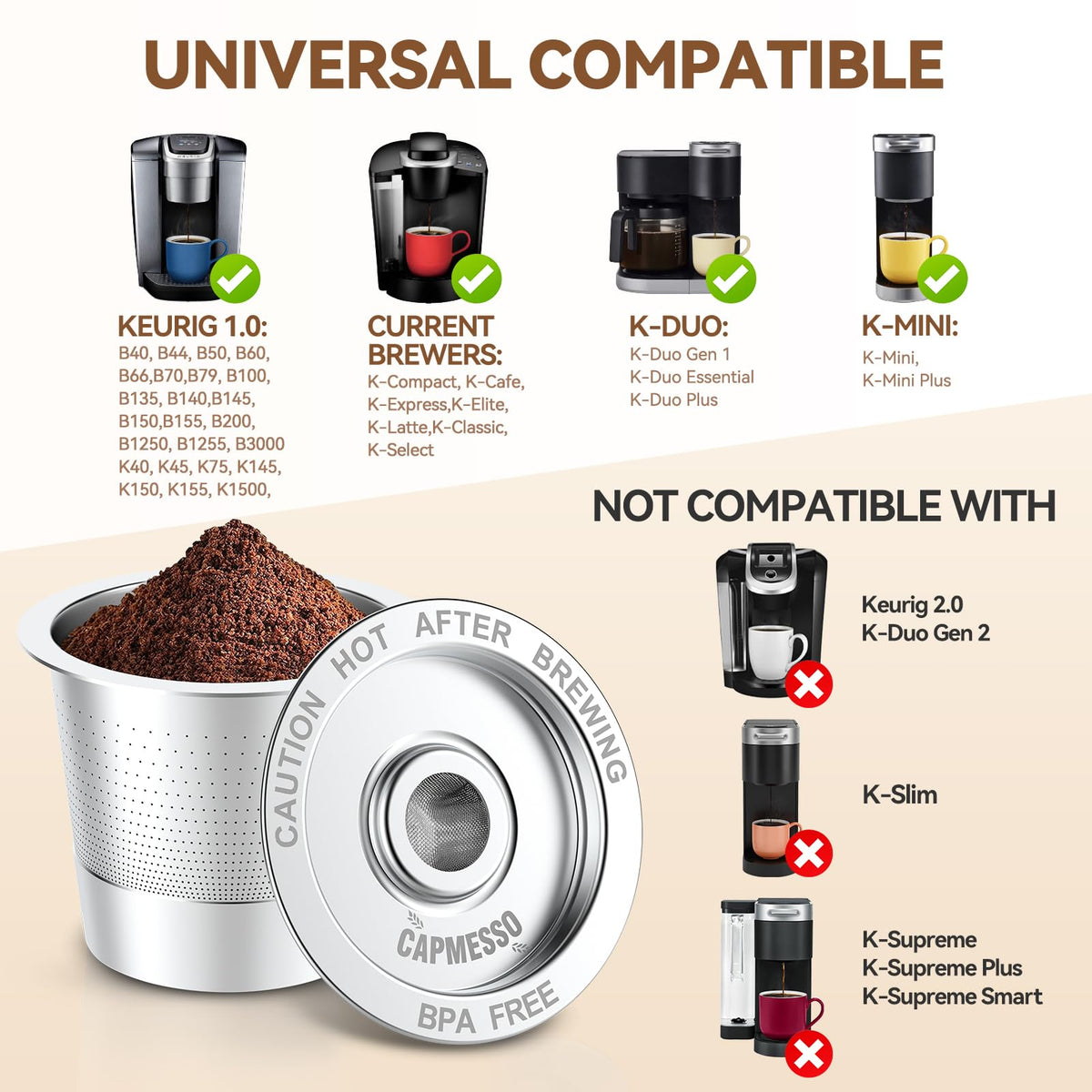 CAPMESSO stainless steel k-cup top view showing secure lid for mess-free brewing.