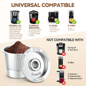 CAPMESSO stainless steel k-cup top view showing secure lid for mess-free brewing.