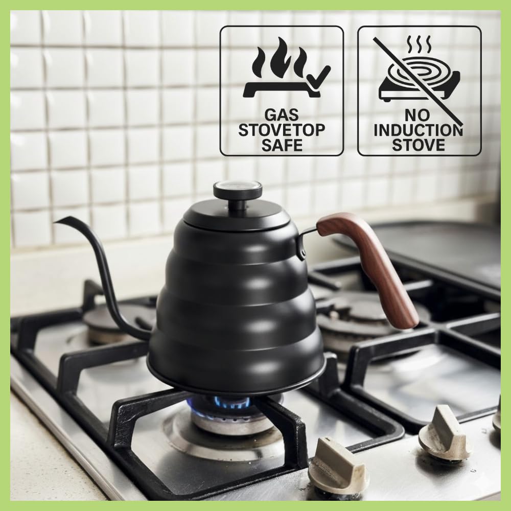 Captain Cranberry kettle on stove delivering steady pour for pour-over.
