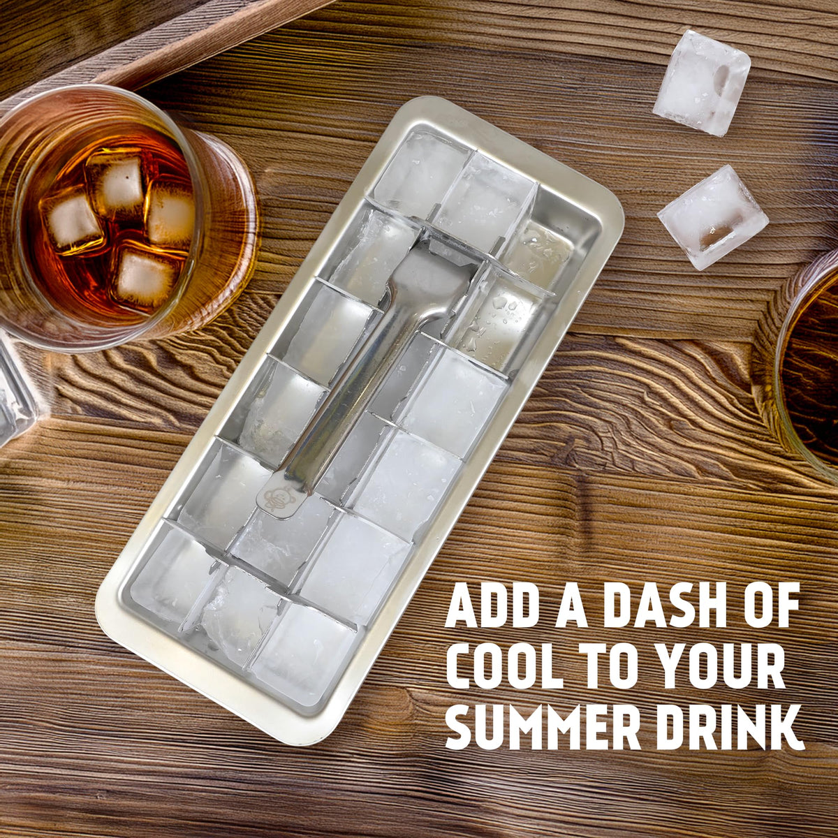 Captain Cranberry stainless steel ice tray with retro-style lever handle for easy removal.