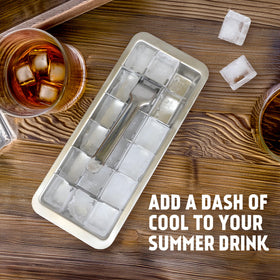 Captain Cranberry stainless steel ice tray with retro-style lever handle for easy removal.