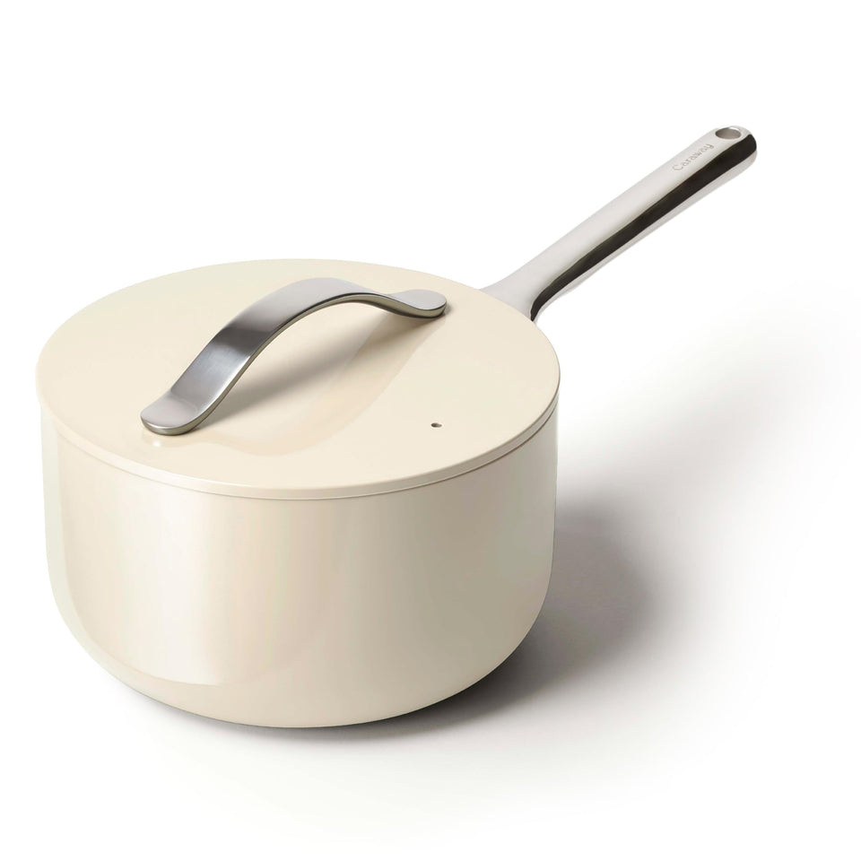 Caraway 3qt sauce pan with cream finish and lid for versatile cooking