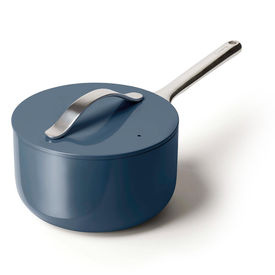 Caraway 3qt sauce pan with lid for easy cooking and cleanup.