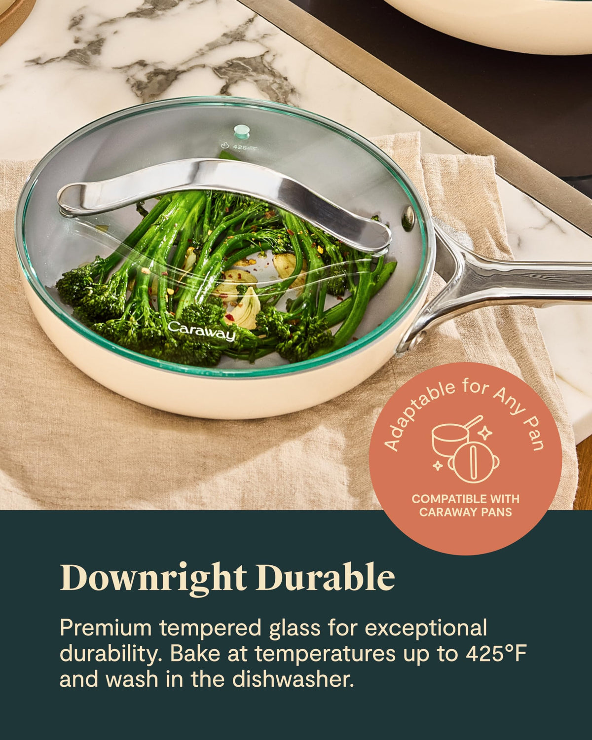Caraway 8-inch dishwasher-safe glass lid for quick, hassle-free cleanup.