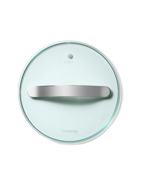 Caraway 8-inch glass lid fits pots and pans for crystal-clear cooking view.