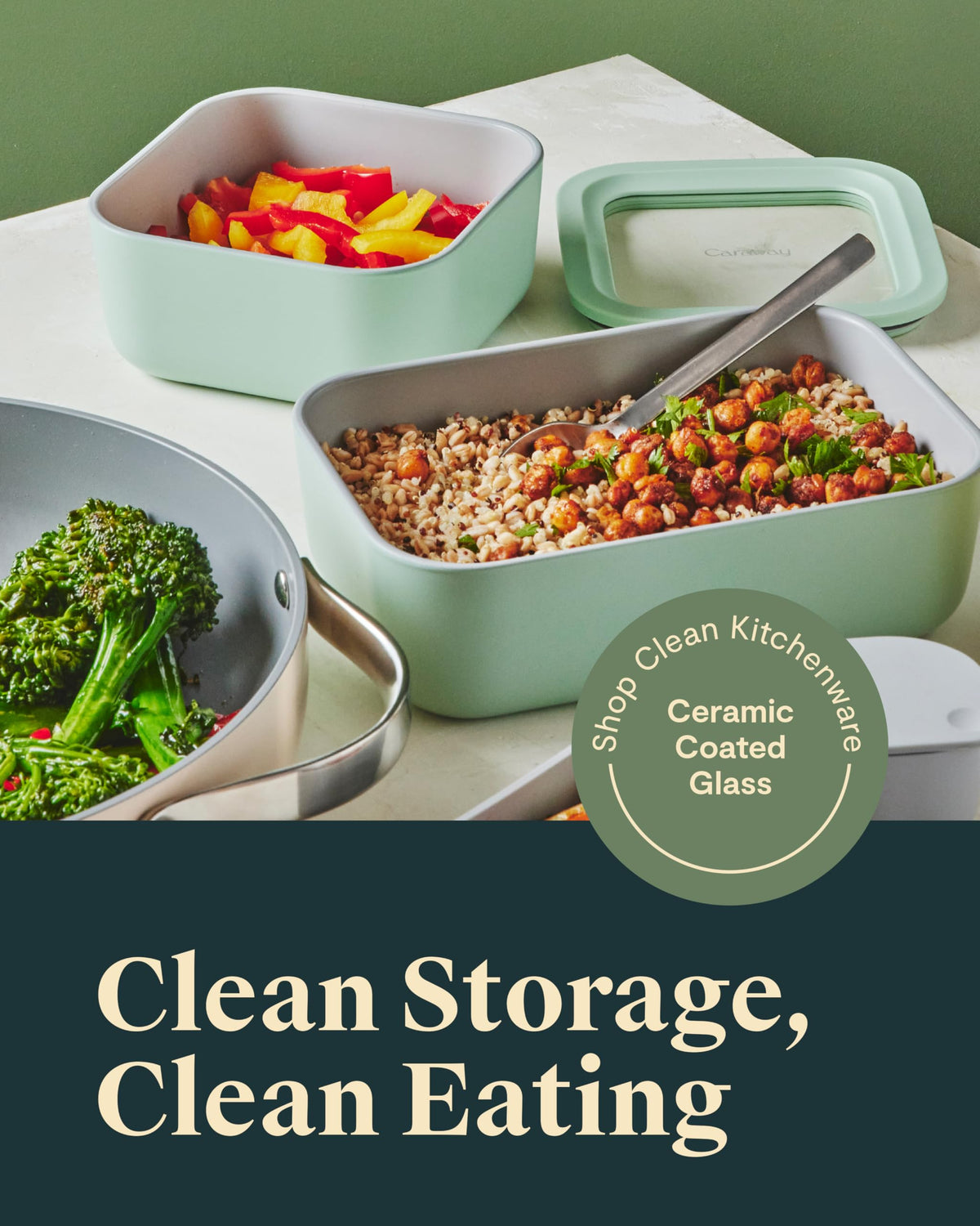 Caraway glass container with a transparent lid for quick freshness checks.