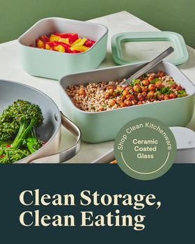 Caraway glass container with a transparent lid for quick freshness checks.