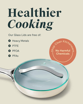 Caraway glass lid for ceramic-coated cookware ensures a snug, seamless fit.
