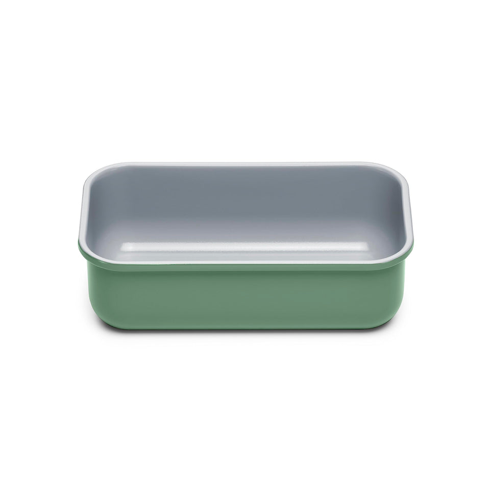 Caraway loaf pan sage with nonstick coating for easy release and cleanup.