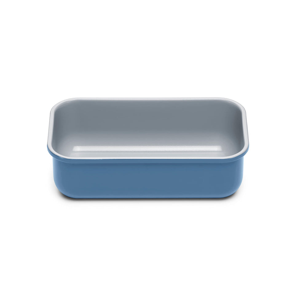 Caraway loaf pan slate front view shows a smooth non-stick surface for easy baking.