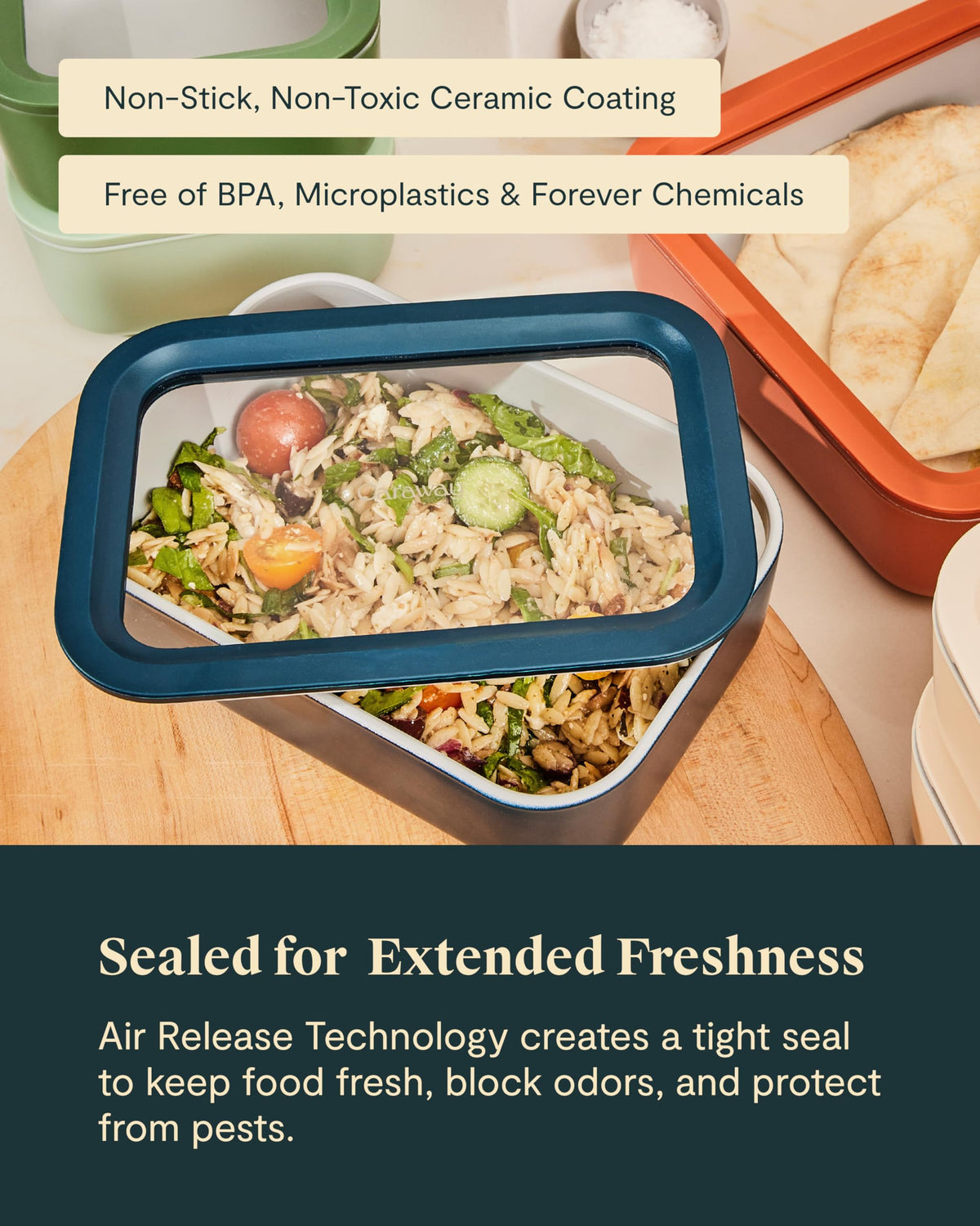 Caraway container is microwave, oven, fridge, and freezer safe for versatile use.