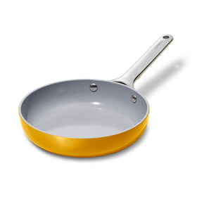 Caraway mini fry pan 8-inch marigold top view highlighting compact kitchen design