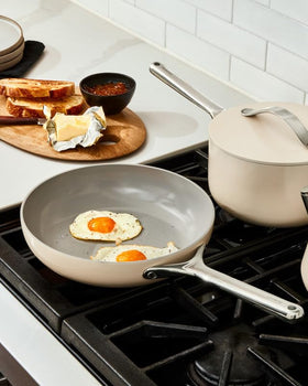 Caraway mini fry pan sage non-toxic coating free of PTFE and PFOA.