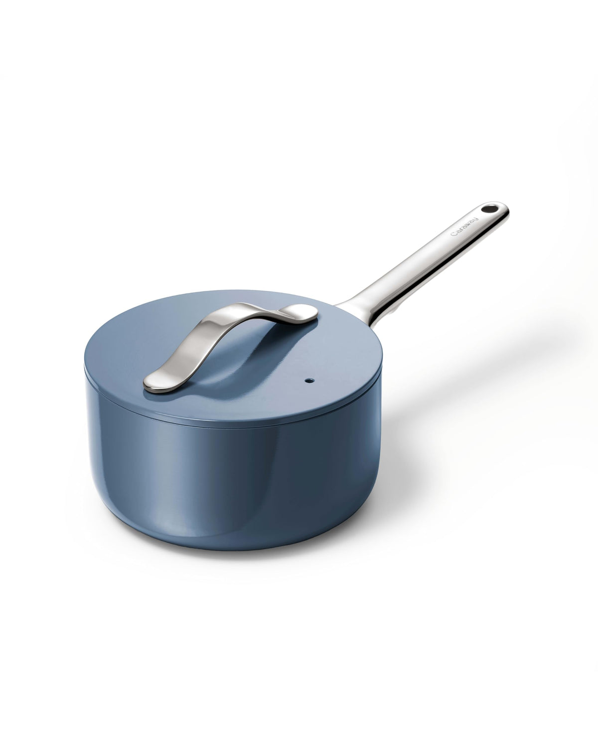 Caraway nonstick ceramic sauce pan with lid on, ideal for quick sauces in small batches.