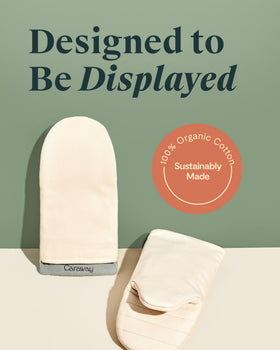 Caraway cream oven mitts with stain-resistant stitching for easy cleaning.