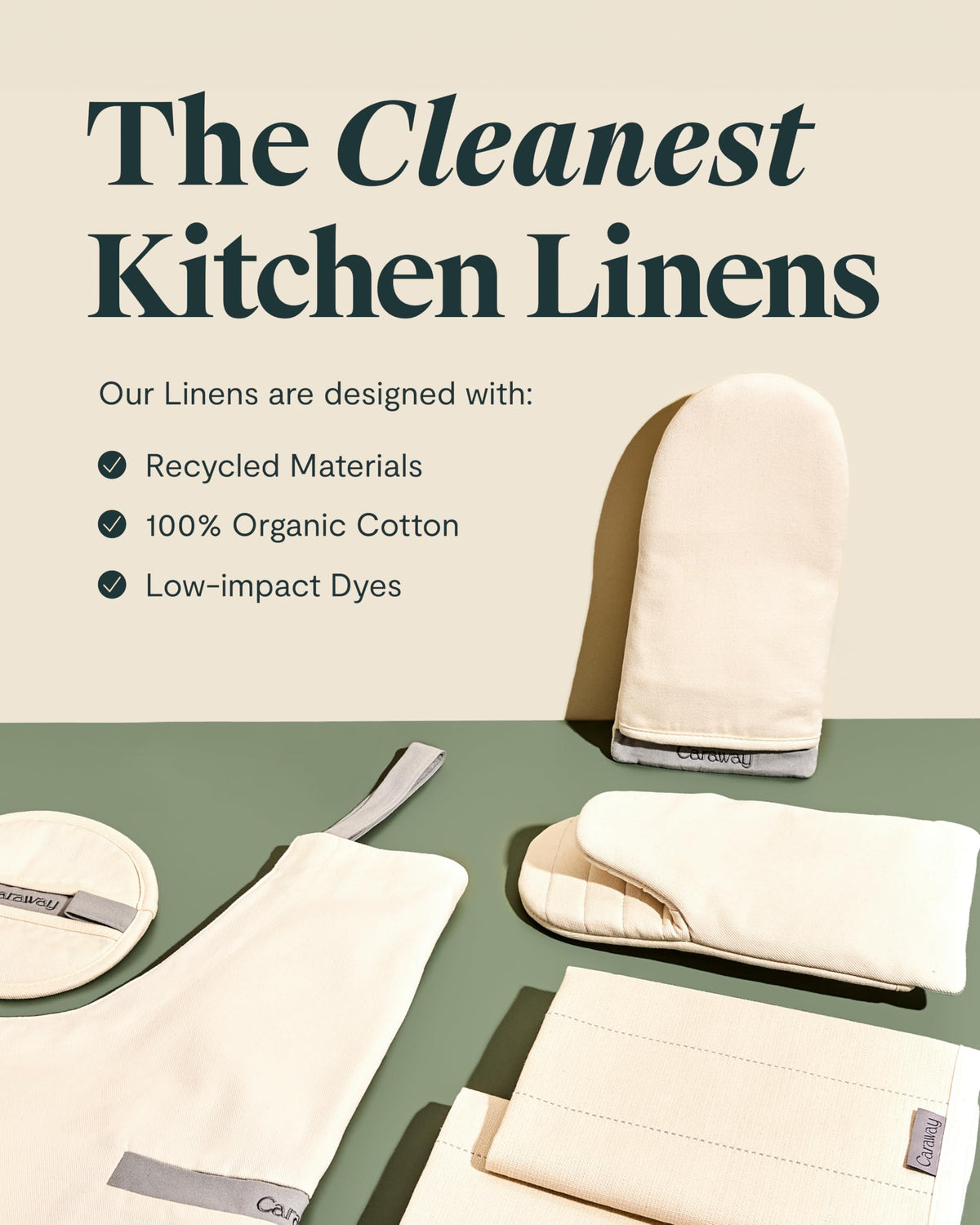 Caraway oven mitts easy-care design supports machine washing and quick drying.