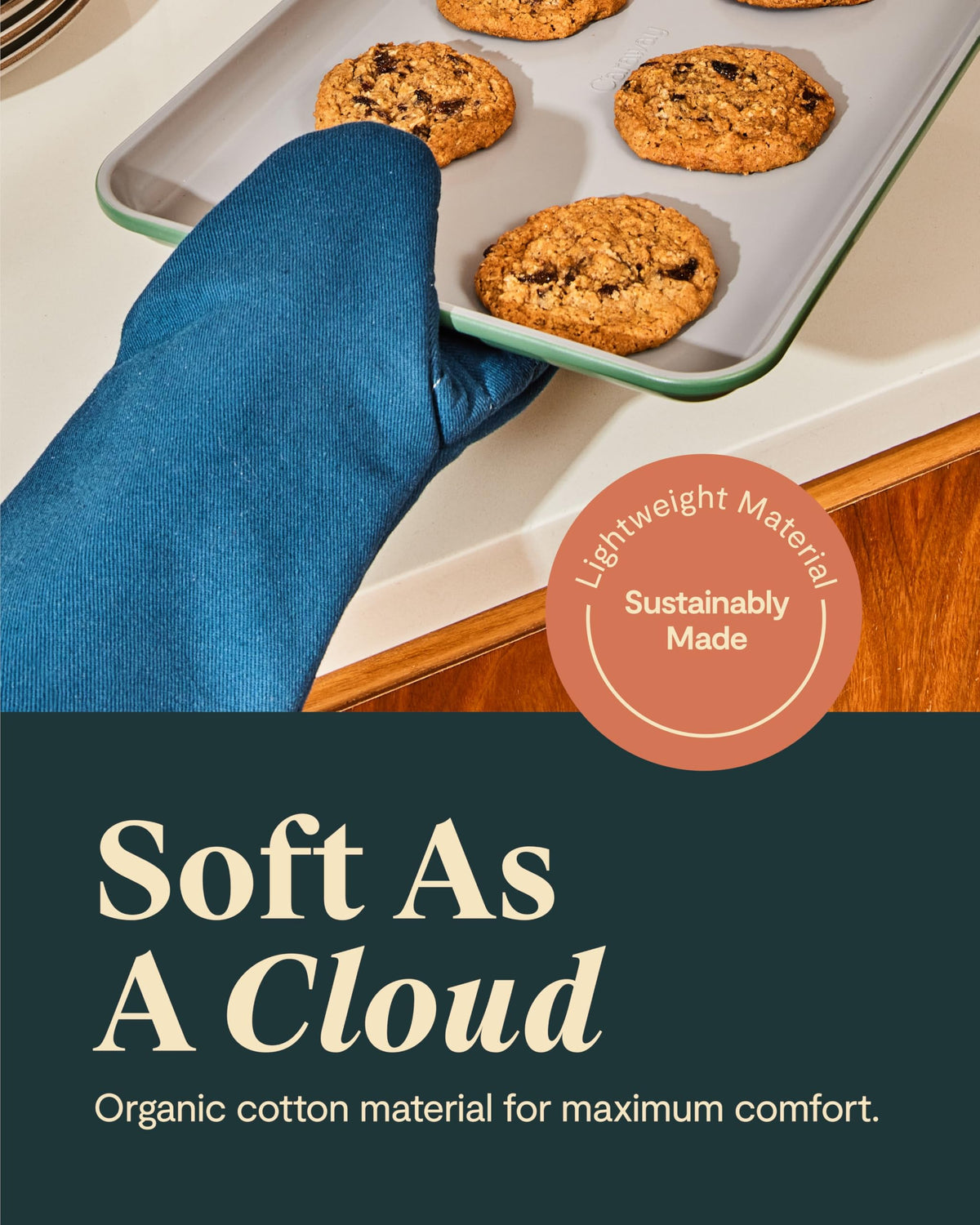 Caraway cream mitts pair with cookware for a cohesive kitchen look and safe handling.