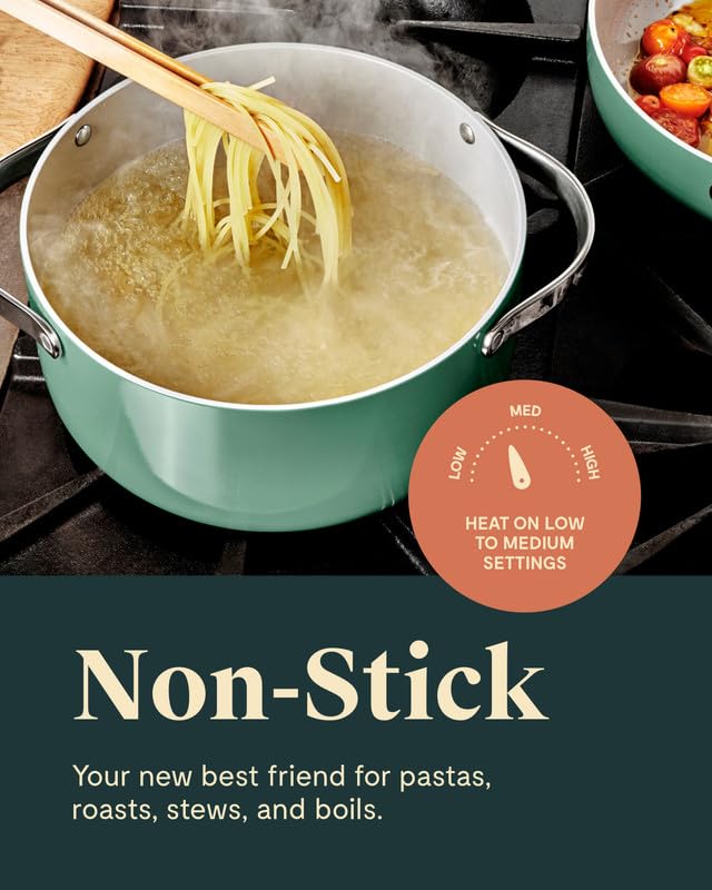 Caraway oven-safe pots on the stove enable versatile low-to-medium heat cooking.