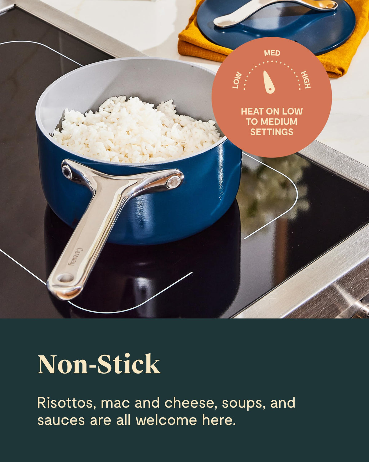 Caraway oven-safe up to 550F for finishing dishes in the oven.