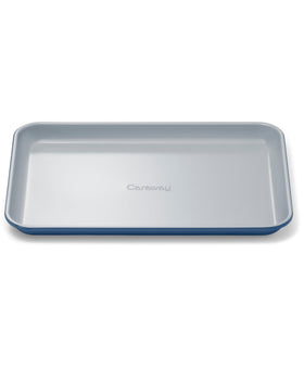Caraway small baking sheet 9x13 navy with nonstick ceramic coating for easy baking.
