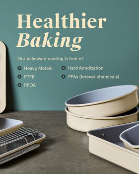 Caraway square pan after baking shows easy hand washing and care.