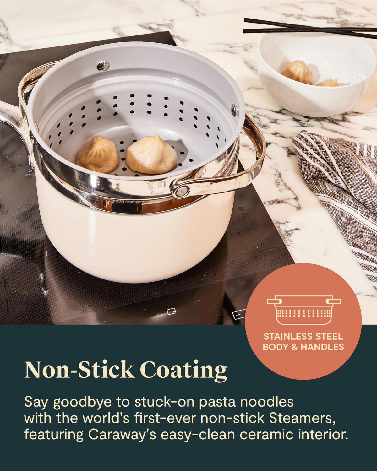 Caraway Steamer Small dim sum steaming ready-to-serve portions.
