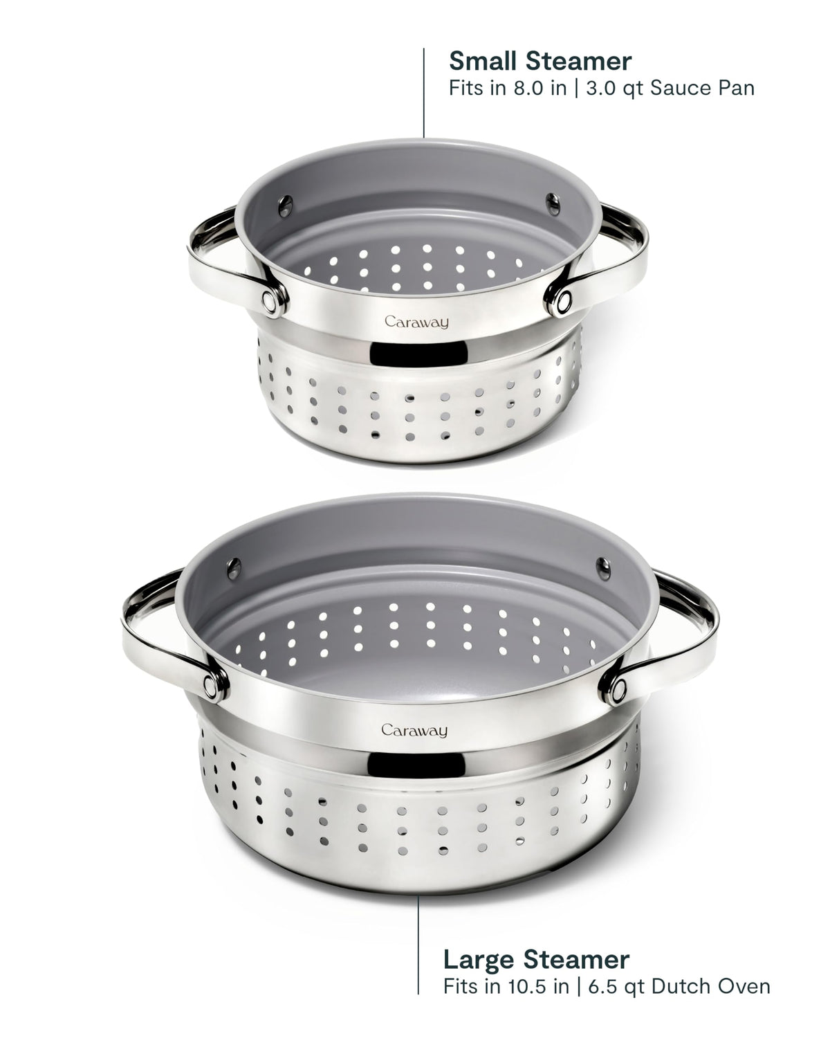 Caraway Steamer Small fits sauce pan for compact meals.