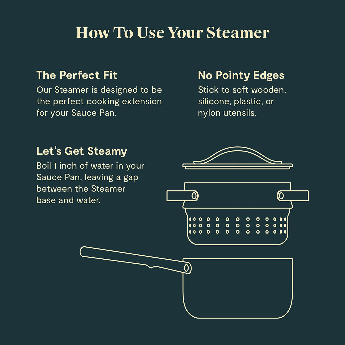 Caraway Steamer Small non-toxic coating promotes safe cooking.