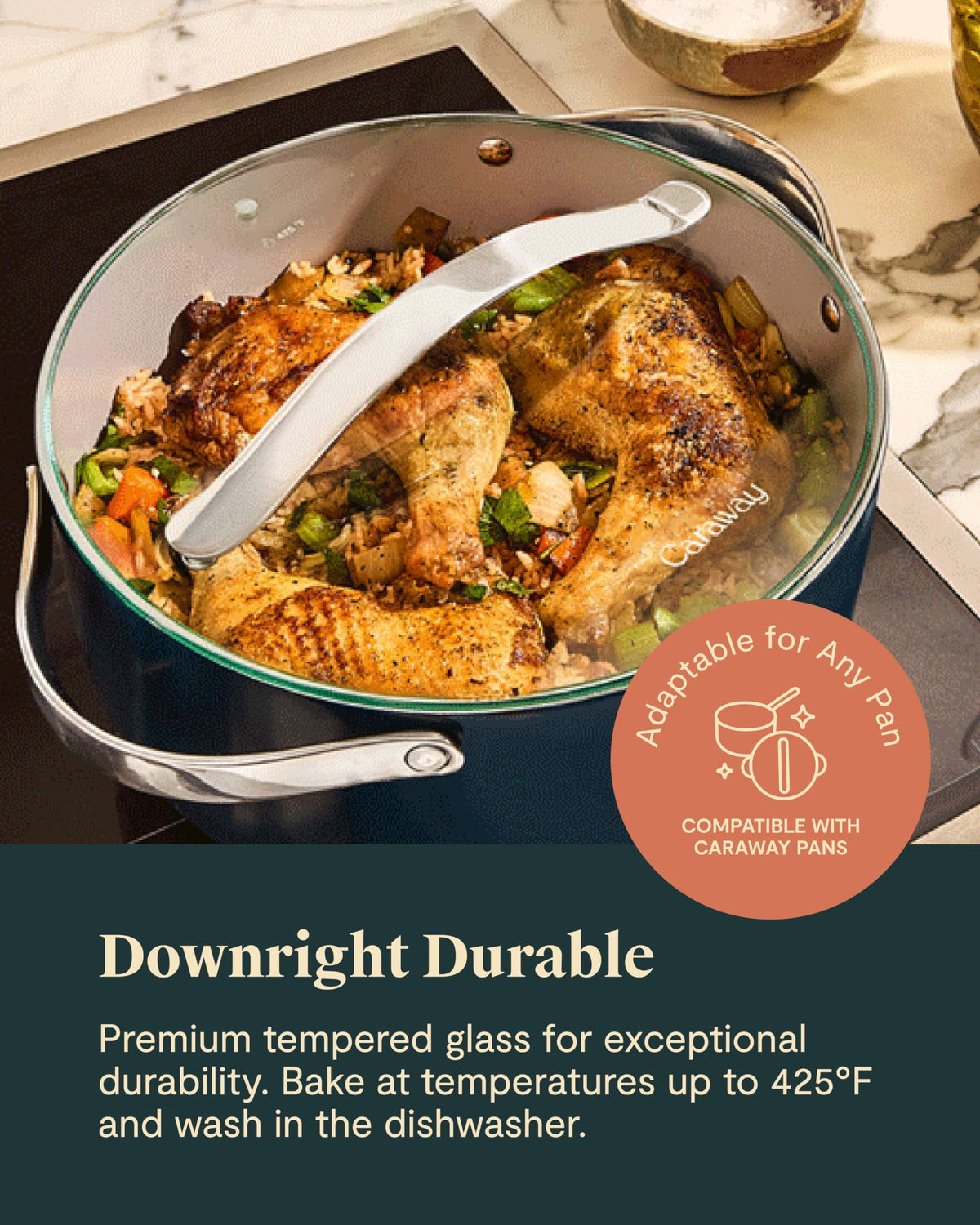 Caraway tempered glass lid is oven-safe up to 425°F for multitasking