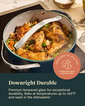 Caraway tempered glass lid is oven-safe up to 425°F for multitasking