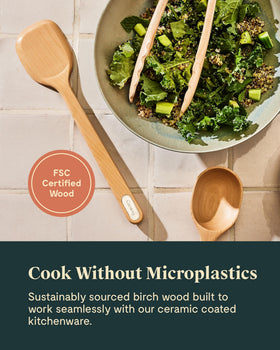 Caraway wooden spatula; lifts and flips while protecting coating.