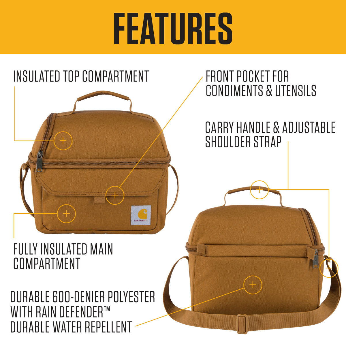 Carhartt lunch box side view with front pocket for utensils and snacks
