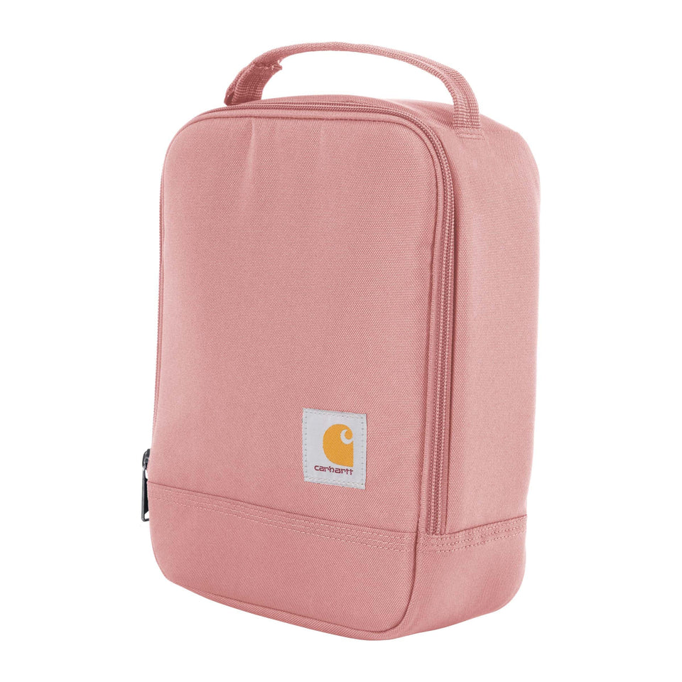 Carhartt insulated lunch cooler clipped to a backpack for easy daily transport.