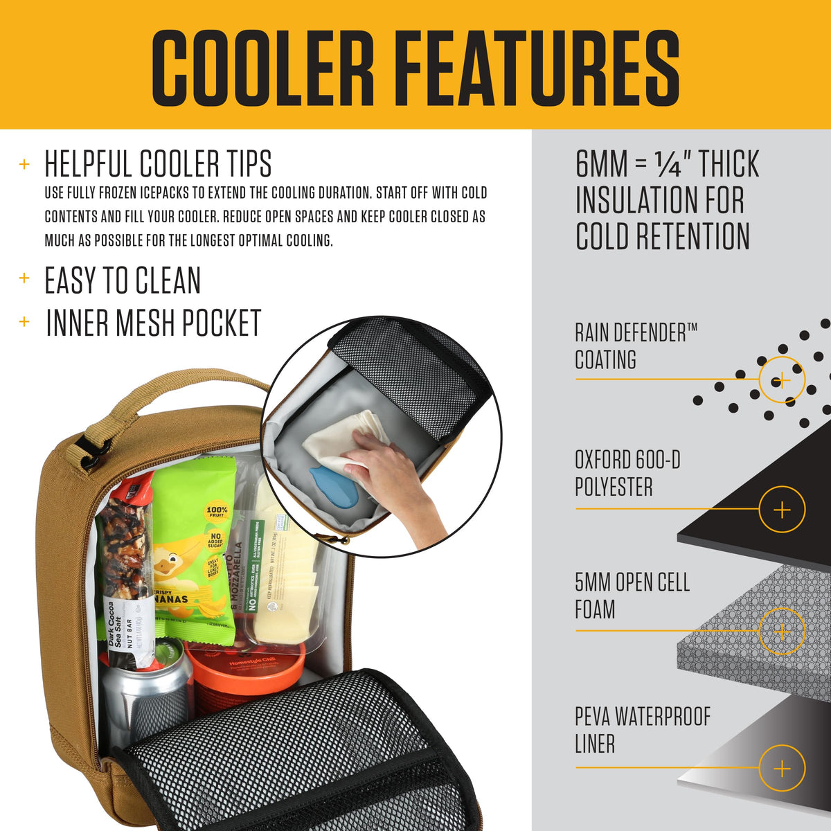 Carhartt insulated lunch cooler interior with mesh pocket for utensils and snacks.