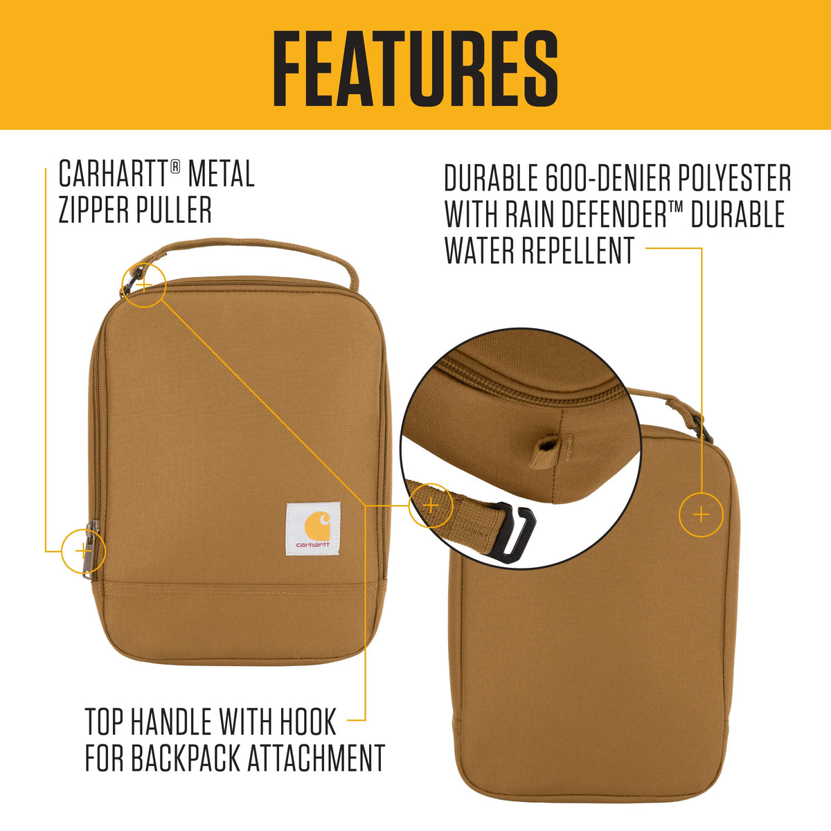 Carhartt lunch cooler with a wide top opening for quick packing and access.